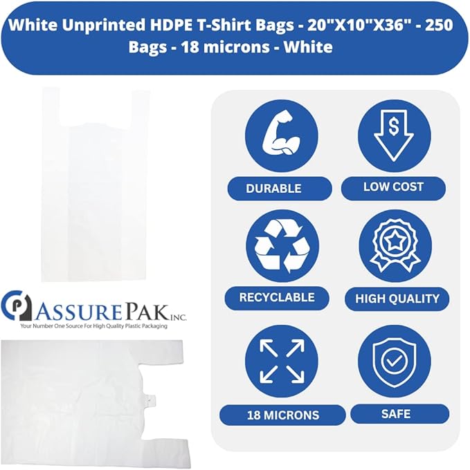 White Unprinted HDPE T-Shirt Bags - 20"x10"x36" with handles – 250 Units – 18 Microns – Retail, Business, Market, Home, at the Farmer's Market, or in a Grocery Store
