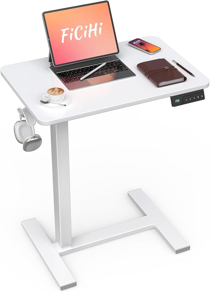 Small Mobile Standing Desk with Wheels, Electric Height Adjustable Portable Rolling Computer Cart, Movable Sit Stand Laptop Table for Sofa, Bedside, Home Office Workstation (27.6", White)
