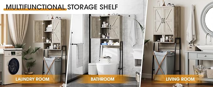 Over The Toilet Storage Cabinet with 2-Door Design Bathroom Organizers and Storage with Anti-Tip Device Over Toilet Organizer with Shelves for Bathroom,Restroom,Laundry Grey