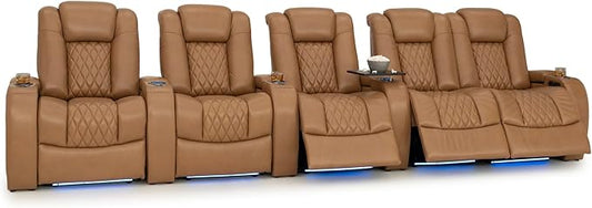 Seatcraft Diamante Zero-Gravity CoolZero Italian Leather Home Theater Seating, Power Headrest, Power Recline, Row of 5 Right Loveseat, Tan Oak
