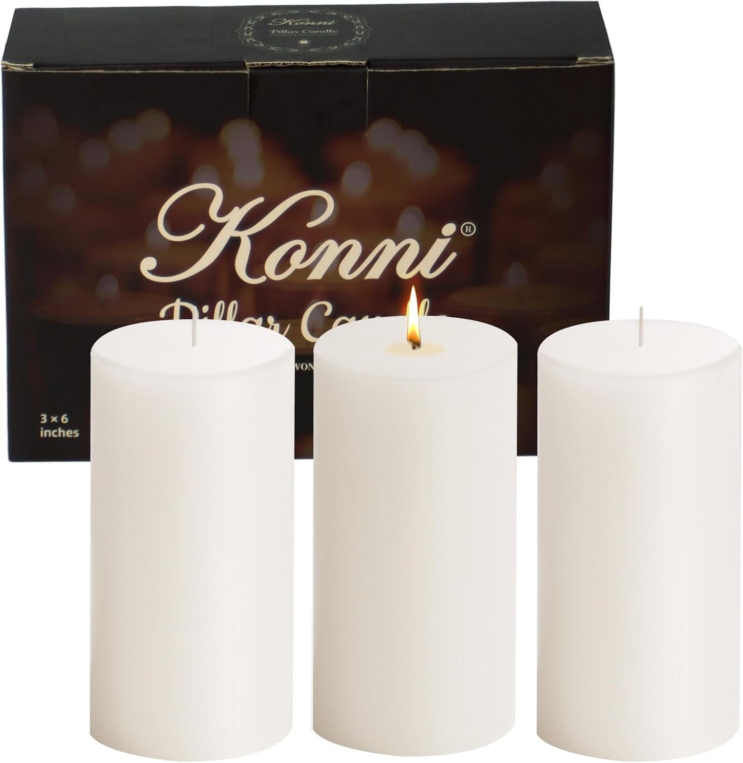KONNI White Pillar Candles Set of 3, 3"x 6" Unscented Pillar Candles Bulk, 56 Hours Long Burning Candles, Smokeless&Dripless Large Round Candle for Wedding, Home Decoration, Parties, Spas, Dinner