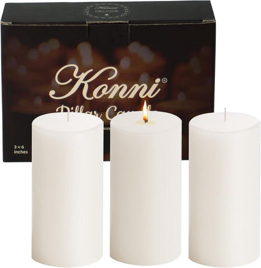 KONNI White Pillar Candles Set of 3, 3"x 6" Unscented Pillar Candles Bulk, 56 Hours Long Burning Candles, Smokeless&Dripless Large Round Candle for Wedding, Home Decoration, Parties, Spas, Dinner