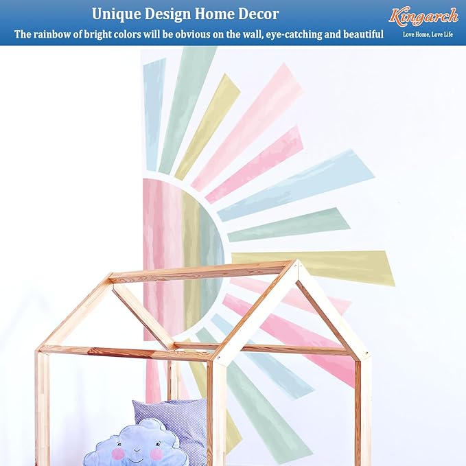 Large Boho Half Sun Wall Decals, Sunshine Peel and Stick Fabric Nursery Wall Decor, Removable Home Room Decor Murals Stickers for Kids Girls Toddler Bedroom Living Room Playroom