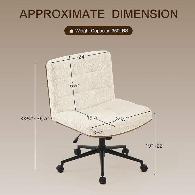 Furnimart Wide Swivel Criss Cross Legged Chair with Wheels, FSC Certified Wooden Desk Chair with Mid-Back Support, Comfy Armless Height Adjustable Vanity Chair for Desk, Bedroom (Faux Fur White)