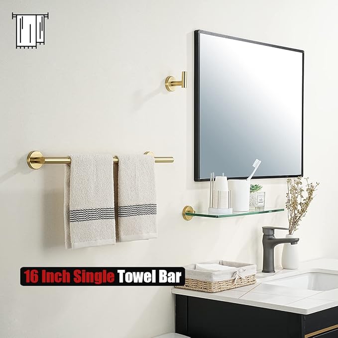 JQK Towel Bar Brushed Gold, 19 Inch 304 Stainless Steel Thicken 0.8mm Towel Rack Bathroom, Towel Holder Wall Mount, Useable Length 16 Inch TB110L16-BG