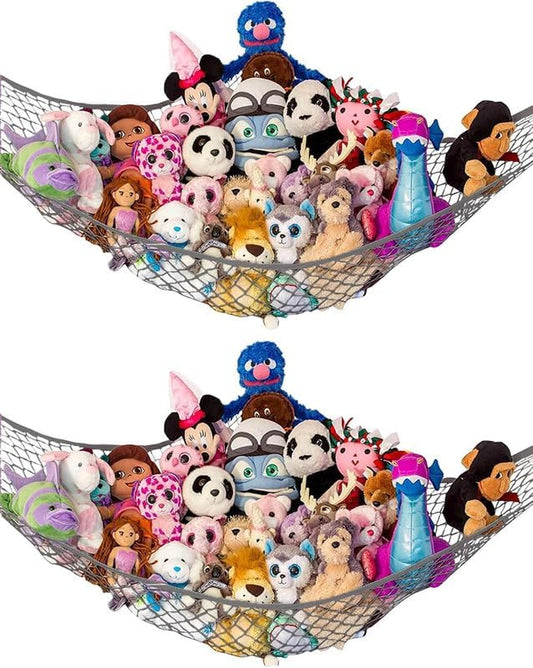 Lilly's Love Stuffed Animal Storage Hammock - Extra Large 2 Pack, Corner Hanging Stuffed Animal Net Organizer - Stuffed Animals Toy Storage - Cute Plushie Stuff Animal Holder (Grey)