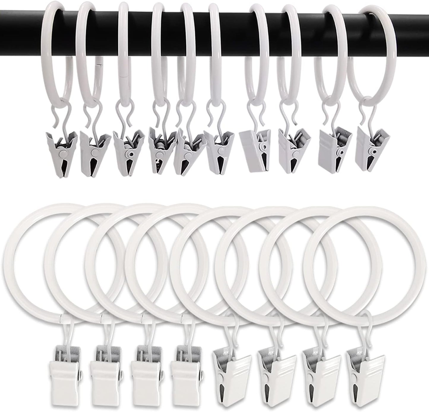 100 Pack Metal Curtain Rings with Clips, Drapery Clips Hooks, Decorative Curtain Rod Clips 1.5 in Interior Diameter, Rustproof White