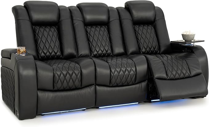Seatcraft Diamante Zero-Gravity CoolZero Italian Leather Home Theater Seating, Power Headrest, Power Recline, Row of 3 Sofa, Black