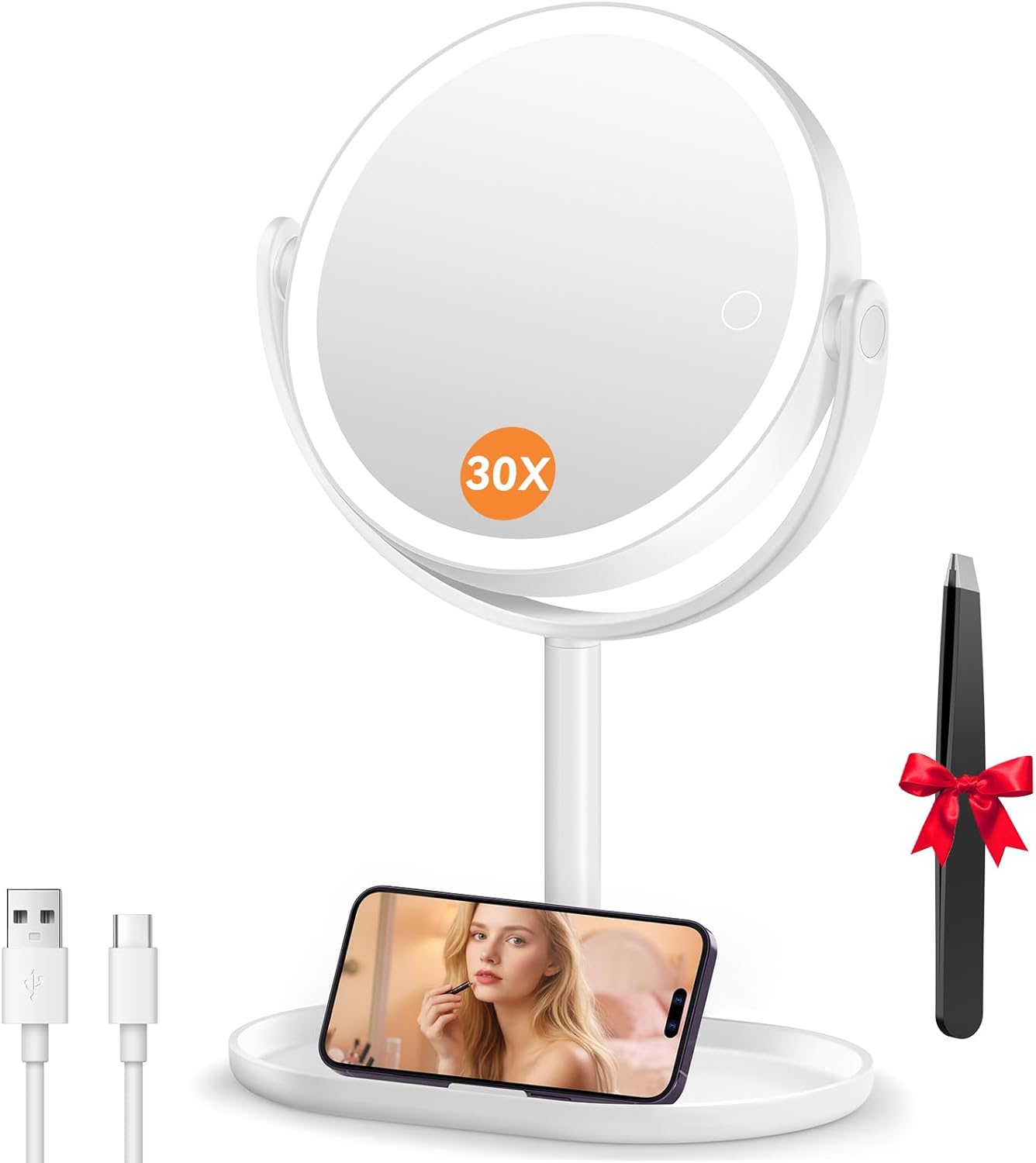 Makeup Mirror with Lights, Double Sided 30X/1X Magnifying Mirror with Light, 3 Color Stepless Dimmable with Touch Screen, Rechargeable 360° Free Standing Vanity Mirrors for Bathroom, Bedroom