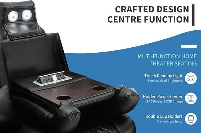 Home Theater Seating Seats, Movie Theater Chairs Theater Recliner with 7 Colors Ambient Lighting, Lumbar Pillow, Touch Reading Lights, Tray Table (Black, Row of 3)