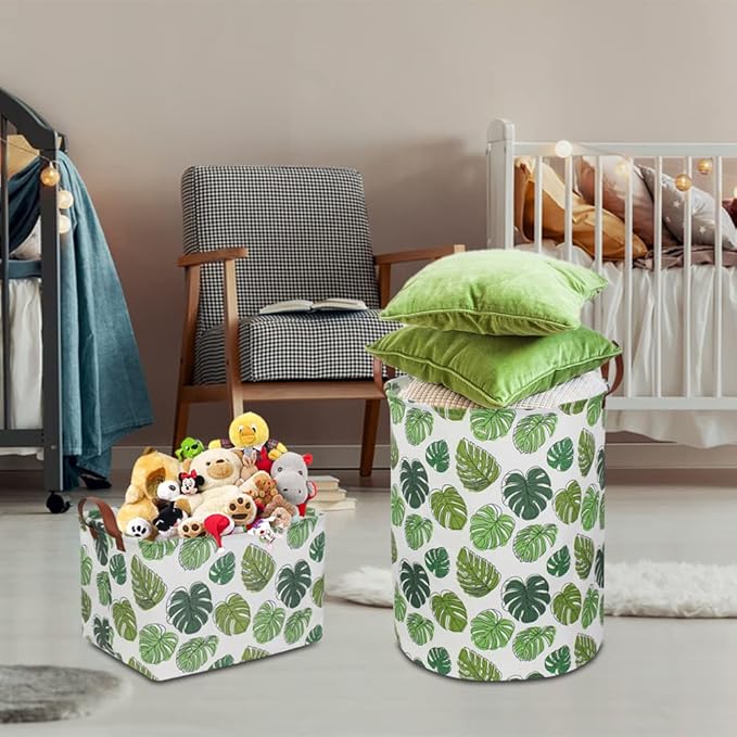 Round Green Laundry Hamper, Jungle Themed Nursery Decor, Tropical Pattern Basket, Monstera Room Decor,Waterproof Storage Bin, Gift Basket(Leaf)