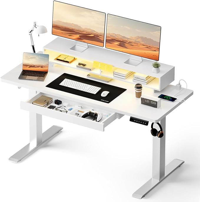 GTPLAYER Electric Standing Desk with Drawers, 48 x 24 Inch Height Adjustable Gaming Desk with Monitor Stand, Power Outlets & LED Lights, Home Office Sit Stand Up Desk with Memory Preset (White)