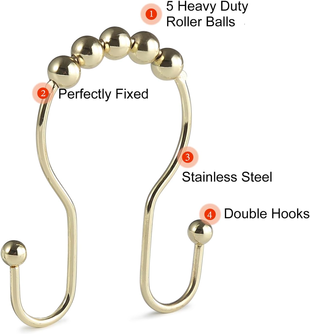 Goowin Shower Curtain Hooks, 12 Pcs Shower Curtain Rings, Stainless Steel Gold Shower Curtain Hooks Rings Rust Proof, Smooth Sliding Anti-Drop Double Shower Hooks for Shower Curtain, Rods (Gold)