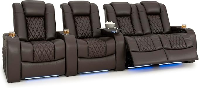 Seatcraft Diamante Zero-Gravity CoolZero Italian Leather Home Theater Seating, Power Headrest, Power Recline, Row of 4 Right Loveseat, Brown