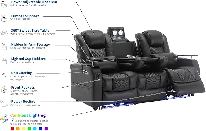 Home Theater Seating Seats, Movie Theater Chairs Theater Recliner with 7 Colors Ambient Lighting, Lumbar Pillow, Touch Reading Lights, Tray Table (Black, Row of 3)