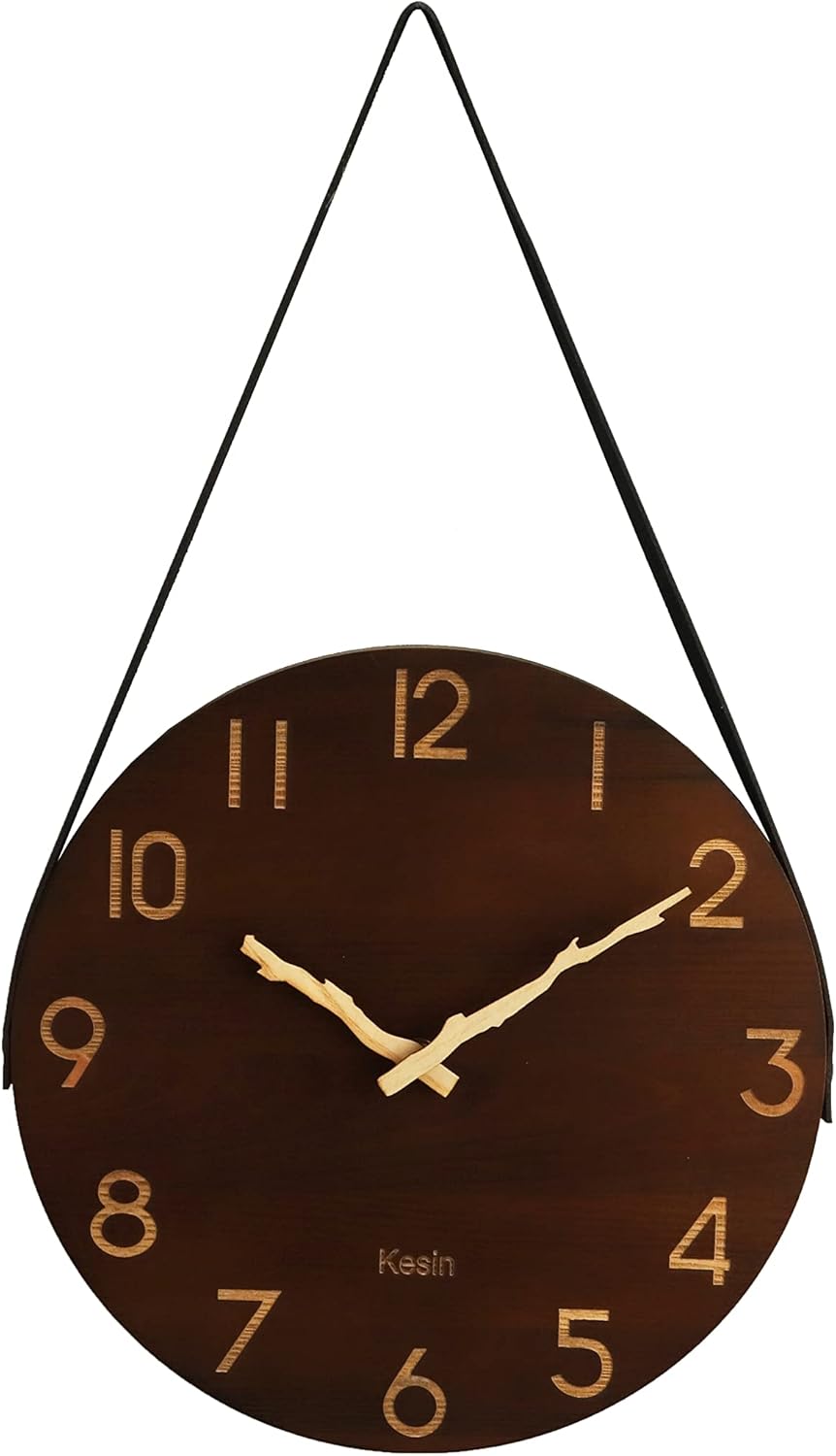 Kesin Wall Clock 12 Inch Silent Wooden Wall Clock Battery Operated Hand Made Retro Fashion Clock with Rope Hanging Decorative for Living Room Kitchen Bedroom Office