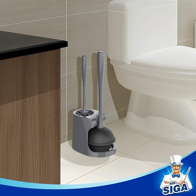 MR.SIGA Toilet Plunger and Bowl Brush Combo for Bathroom Cleaning, Gray, 2 Sets
