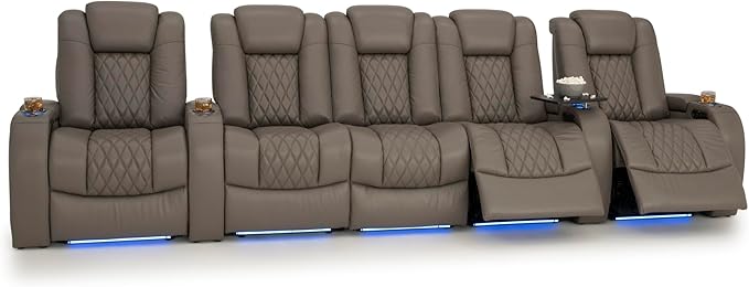 Seatcraft Diamante Zero-Gravity CoolZero Italian Leather Home Theater Seating, Power Headrest, Power Recline, Row of 5 Middle Sofa, Gray