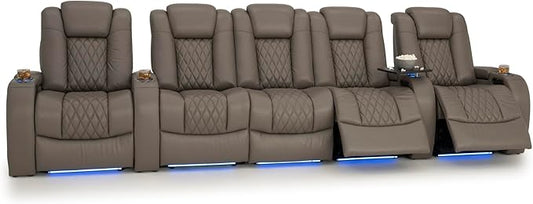 Seatcraft Diamante Zero-Gravity CoolZero Italian Leather Home Theater Seating, Power Headrest, Power Recline, Row of 5 Middle Sofa, Gray