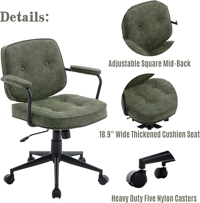 LukeAlon Adjustable Pu Leather Tiltable Office Chair, Comfy 360°Swivel Task Chair with Armrest Modern Thickened Seat Desk Chair with Button Tufted for Home Office, Green