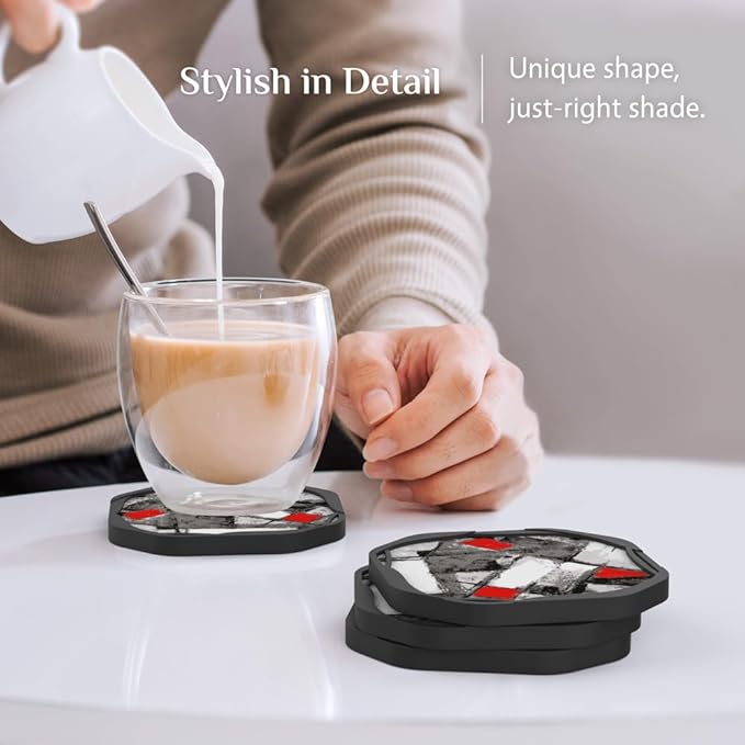 UMIRRO Absorbent Coasters for Drinks, Cool Silicone Cup Coaster with Felt Insert for Modern Coffee Table Decor, Small Unique Birthday Gift Ideas for Men Dad Him Women Mom Her, 4", Red Black, Set of 4