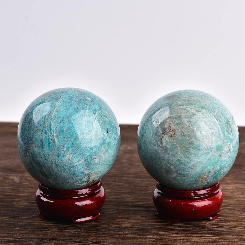 JIC Gem Amazonite Crystal Ball with Wood Stand Gemstone Sphere,Healing Crystal Balls for Reiki Chakra Decoration Fengshui (2.8-3.2inch)