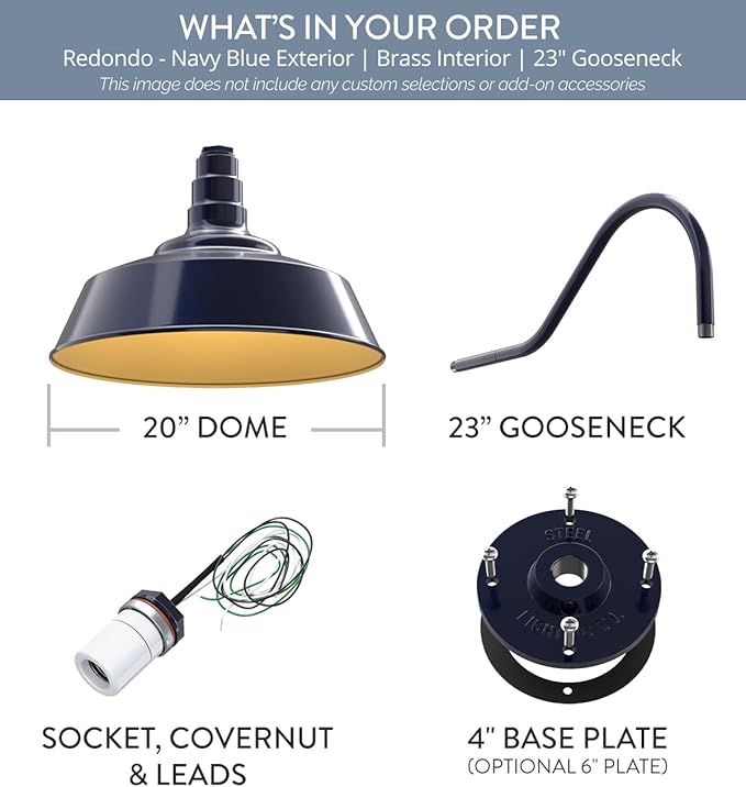 Steel Lighting Co. Redondo Barn Light | Outdoor Wall Mounted | 20 inch Dome | 23" Gooseneck | Large Farmhouse Warehouse Light Made in America | Navy Blue Exterior/Brass Interior