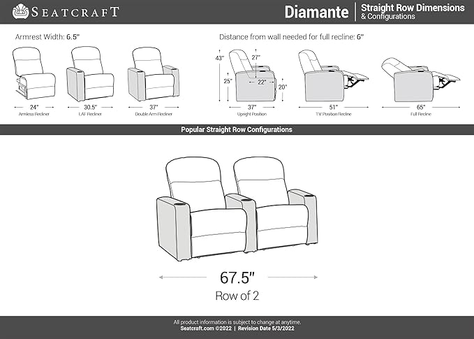 Seatcraft Diamante - Home Theater Seating - Living Room - Power Recline - Italian Leather - Powered Headrests - Cupholders - USB Charging - Ambient Lighting - Arm Storage, Red, Row of 2