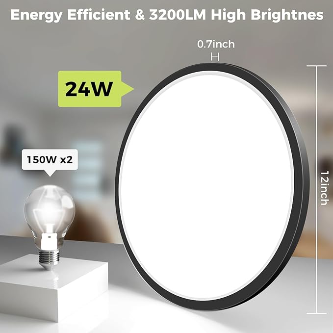 hepside LED Flush Mount Ceiling Light Fixture, 12Inch 24W, Dimmable&3000K/3500K/4000K/5000K/6500K Adjustable Low Profile Ceiling Lights, 3200LM Modern Lamp for Bedroom, Porch, Kitchen, Hallway, Black