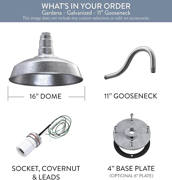 Steel Lighting Co. Gardena Barn Light | Outdoor Wall Mounted | 16" Dome | 11" Gooseneck | Farmhouse Light Made in America | Galvanized Exterior/Galvanized Interior
