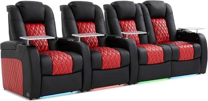 Home Theater Seating, Top Grain Leather Movie Seats Recliner Chair, Zero Gravity Reclining Gaming Sofa with Power Headrest 7 Colors Ambient Lighting 4 Seats Loveseat Right Black Dark Red