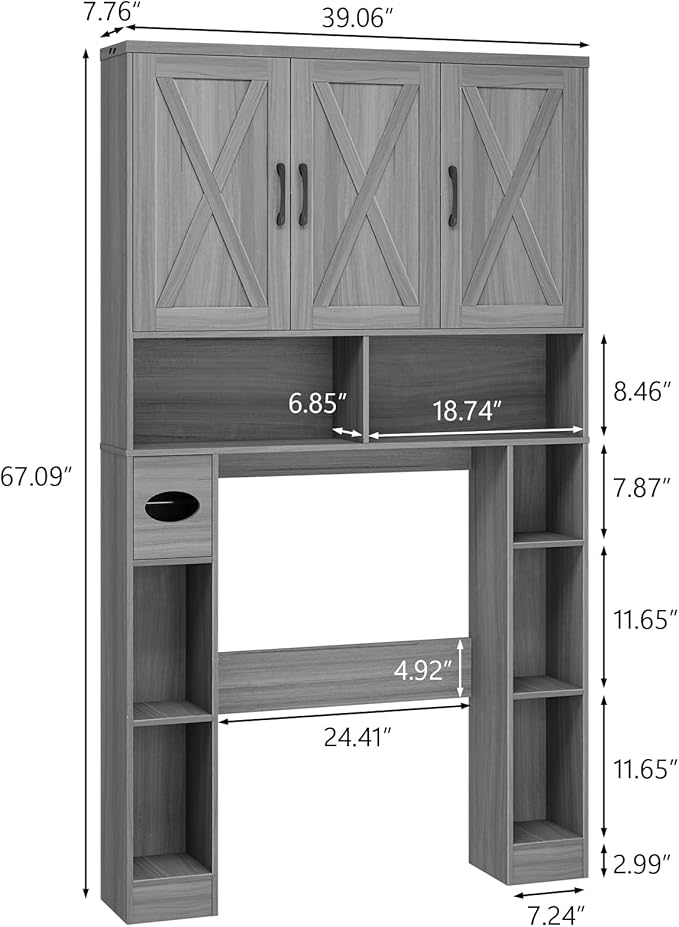 Over The Toilet Storage Cabinet, Farmhouse Toilet Cabinet Rack with 3 Barn Doors, Space Saving Bathroom Organizer with Shelves, Toilet Paper Holder and Towel Rack for Bathroom,Restroom,Laundry
