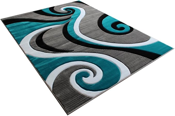 Masada Rugs, Sophia Collection Hand Carved Area Rug Modern Contemporary Turquoise White Grey Black (5 Feet 3 Inch X 7 Feet)
