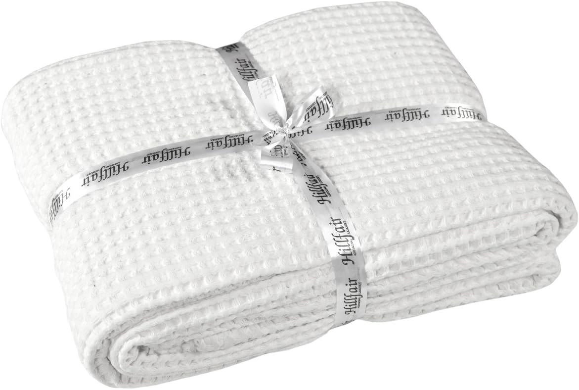HILLFAIR 100% Combed Cotton Blanket– King Size Bed Blankets– Warm Soft All Season Breathable Lightweight Summer Blankets– Waffle Weave Home Decor Bed Blanket- White King Bed Cotton Blankets/Bedcovers