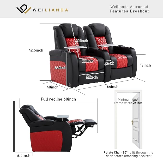 Home Theater Seating, Top Grain Leather Movie Seats Recliner Chair, Zero Gravity Reclining Gaming Sofa with Power Headrest 7 Colors Ambient Lighting 2 Seats Black Dark Red