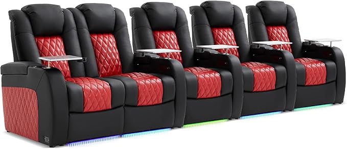 Home Theater Seating, Top Grain Leather Movie Seats Recliner Chair, Zero Gravity Reclining Gaming Sofa with Power Headrest 7 Colors Ambient Lighting 5 Seats Loveseat Left Black Dark Red