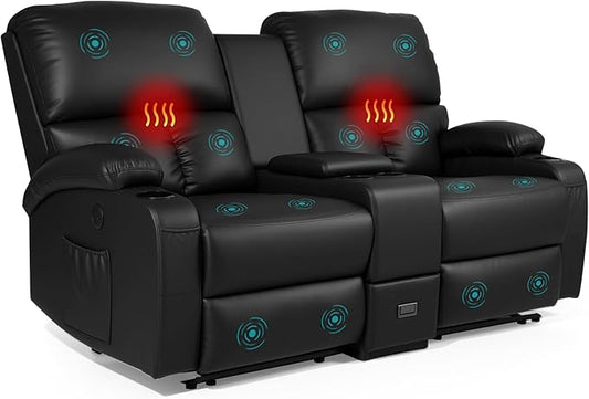 Home Theater Seating,RV Recliner Sofa with Massage and Heat,Manual RV Recliner Loveseat with USB/Cup Holders and Side Pocket for Living Room,Loveseat Black