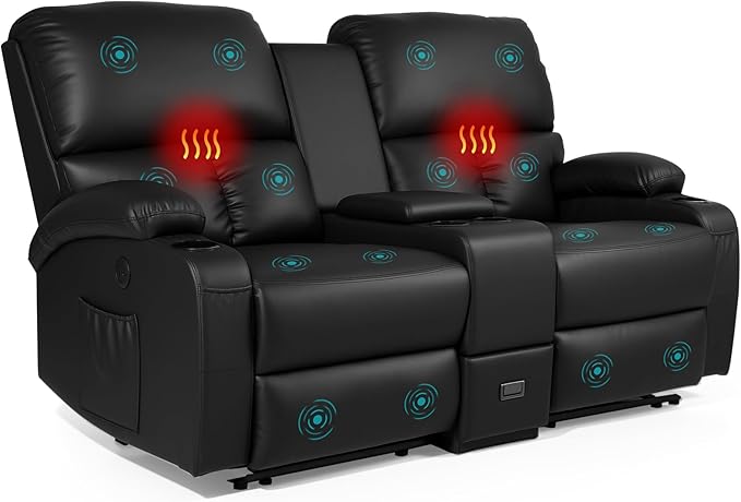 Home Theater Seating,RV Recliner Sofa with Massage and Heat,Manual RV Recliner Loveseat with USB/Cup Holders and Side Pocket for Living Room,Loveseat Black