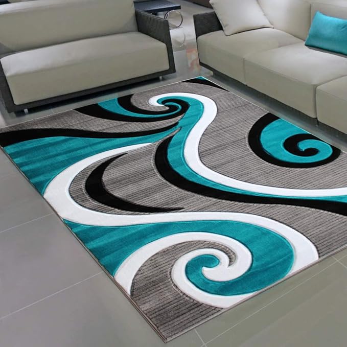 Masada Rugs, Sophia Collection Hand Carved Area Rug Modern Contemporary Turquoise White Grey Black (5 Feet 3 Inch X 7 Feet)