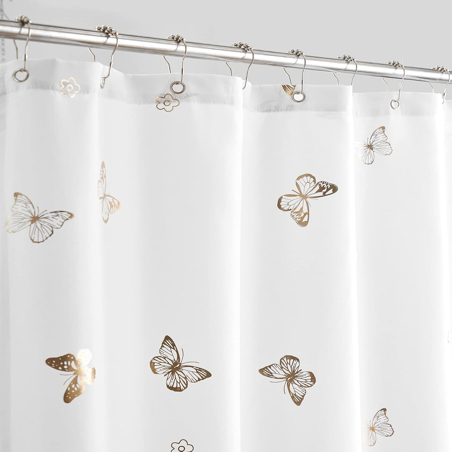 Jubilantex White Gold Butterfly Shower Curtain for Bathroom Farmhouse Waterproof Bathroom Decorative Rustic Kids Shower Curtain with 12 Rust Proof Grommets for Spa Hotel, 70x76 Inches