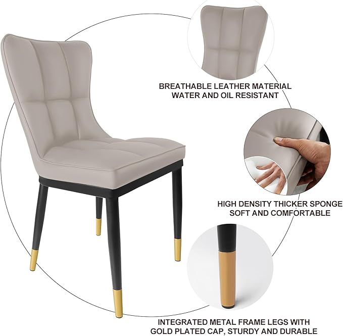 High-Back Faux Leather Dining Chairs Set of 2, Modern Sturdy Upholstered Accent Side Chair Deep Sponge Padded Seat with Metal Legs for Kitchen Dining Room Living Room Bedroom (Light Grey)