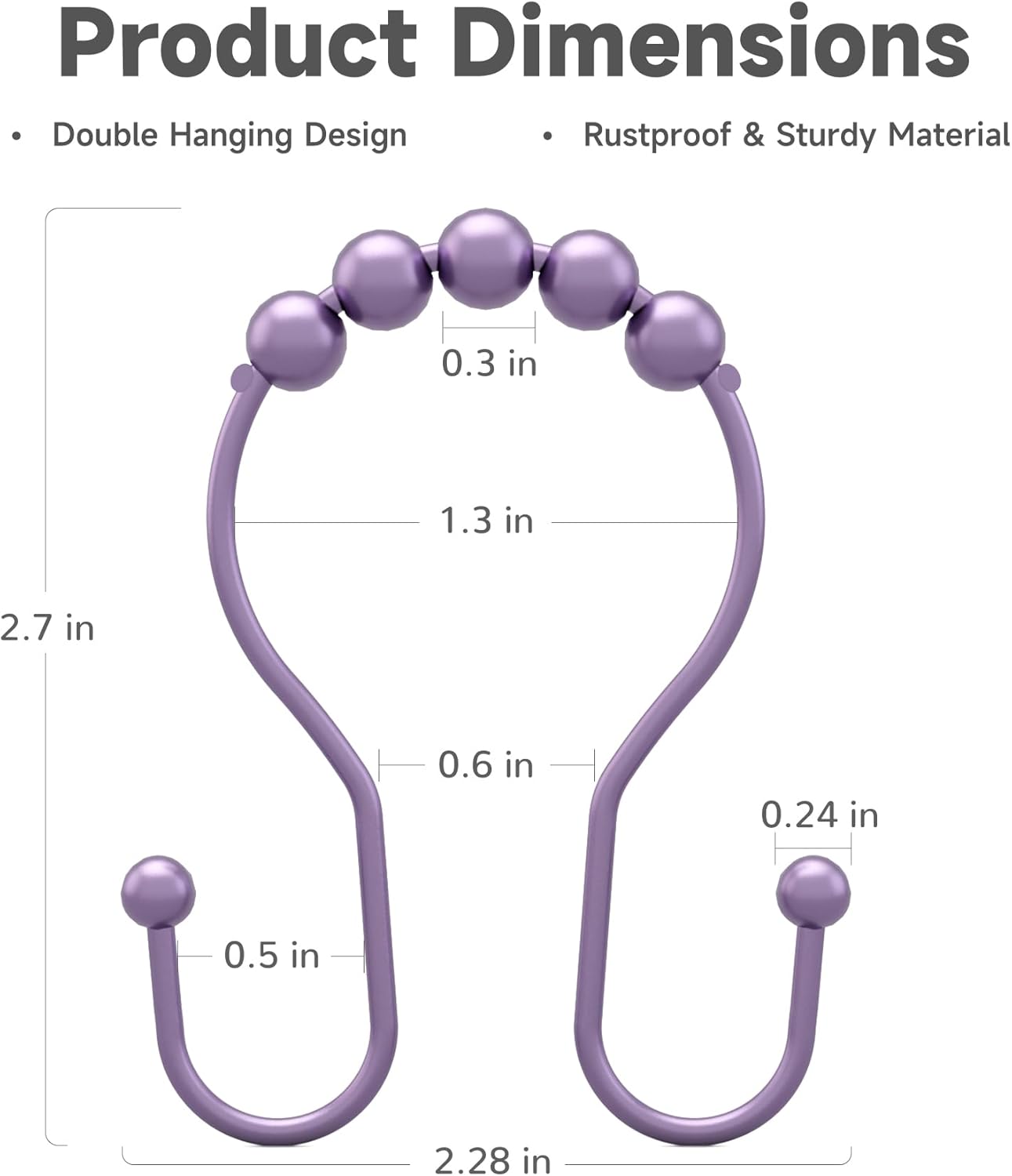 Shower Curtain Hooks, Shower Curtain Rings Rust Proof Double Hook Shower Curtain Hooks, 12 Pcs Purple Shower Hooks for Shower Curtain, Shower Rings for Curtain, Metal Shower Rod Hooks