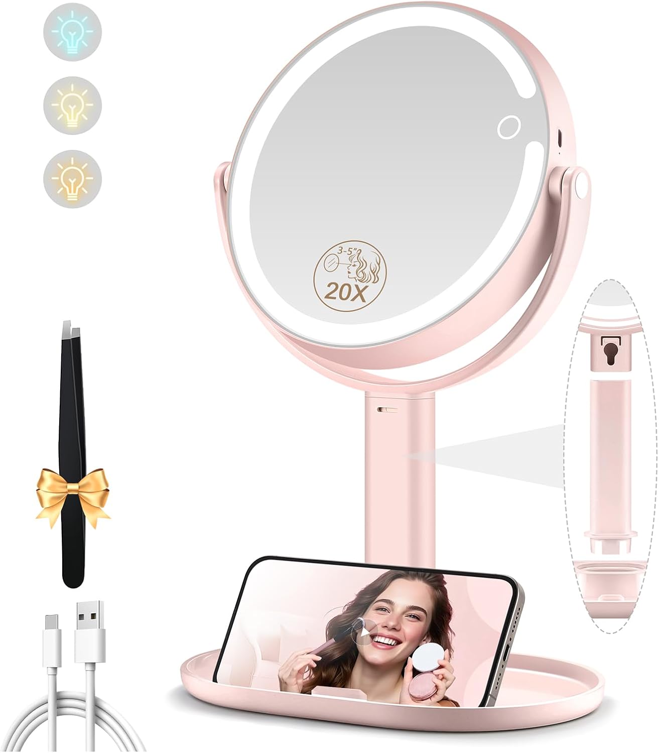 Makeup Mirror with Lights, Double Sided 1x/20x Magnifying Mirror with Light, Rechargeable 3 Color Lights and Adjustable Brightness, 360° Rotation Detachable Comes with Tweezer(Pink)