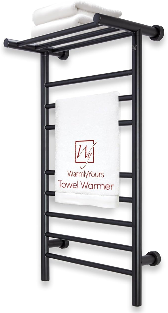 WarmlyYours Black Towel Warmers for Bathroom - Wall Mounted Black Heated Towel Rack with Shelf, 11 Bars Stainless Steel, 20x36 in. Electric Heating and Drying Rack, 120V Plug-in or Hardwired (Summit)