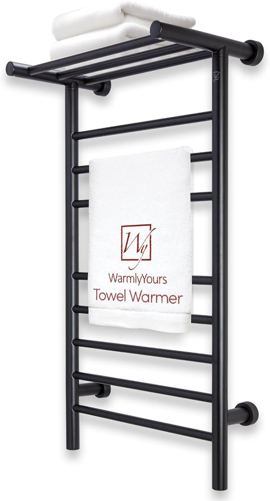 WarmlyYours Black Towel Warmers for Bathroom - Wall Mounted Black Heated Towel Rack with Shelf, 11 Bars Stainless Steel, 20x36 in. Electric Heating and Drying Rack, 120V Plug-in or Hardwired (Summit)