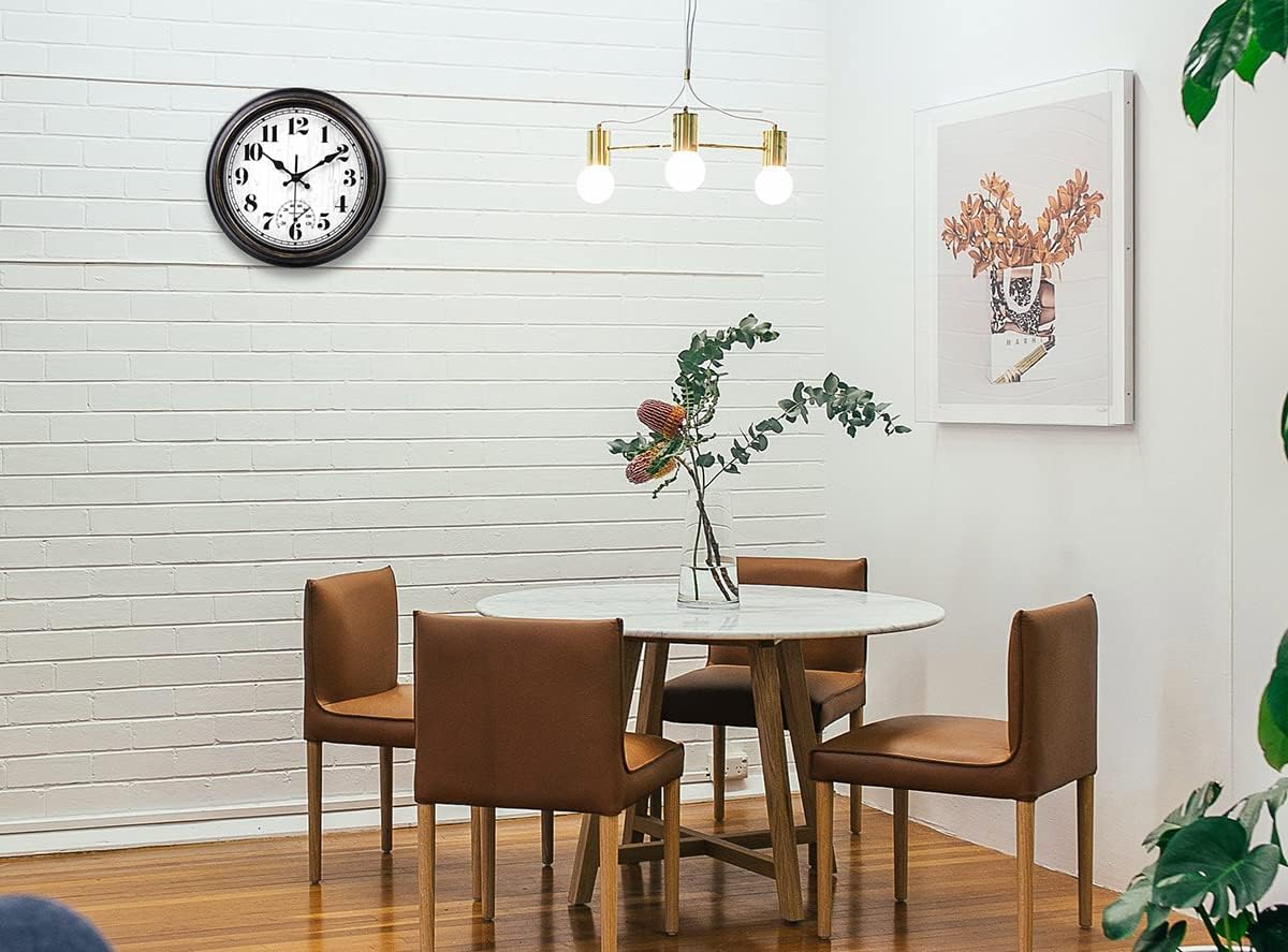 45MinST 12 Inch Indoor/Outdoor Retro Round Waterproof Wall Clock with Thermometer, Silent Non Ticking Battery Operated Quality Quartz Wall Clock Home/Patio Decor(Black Gold)