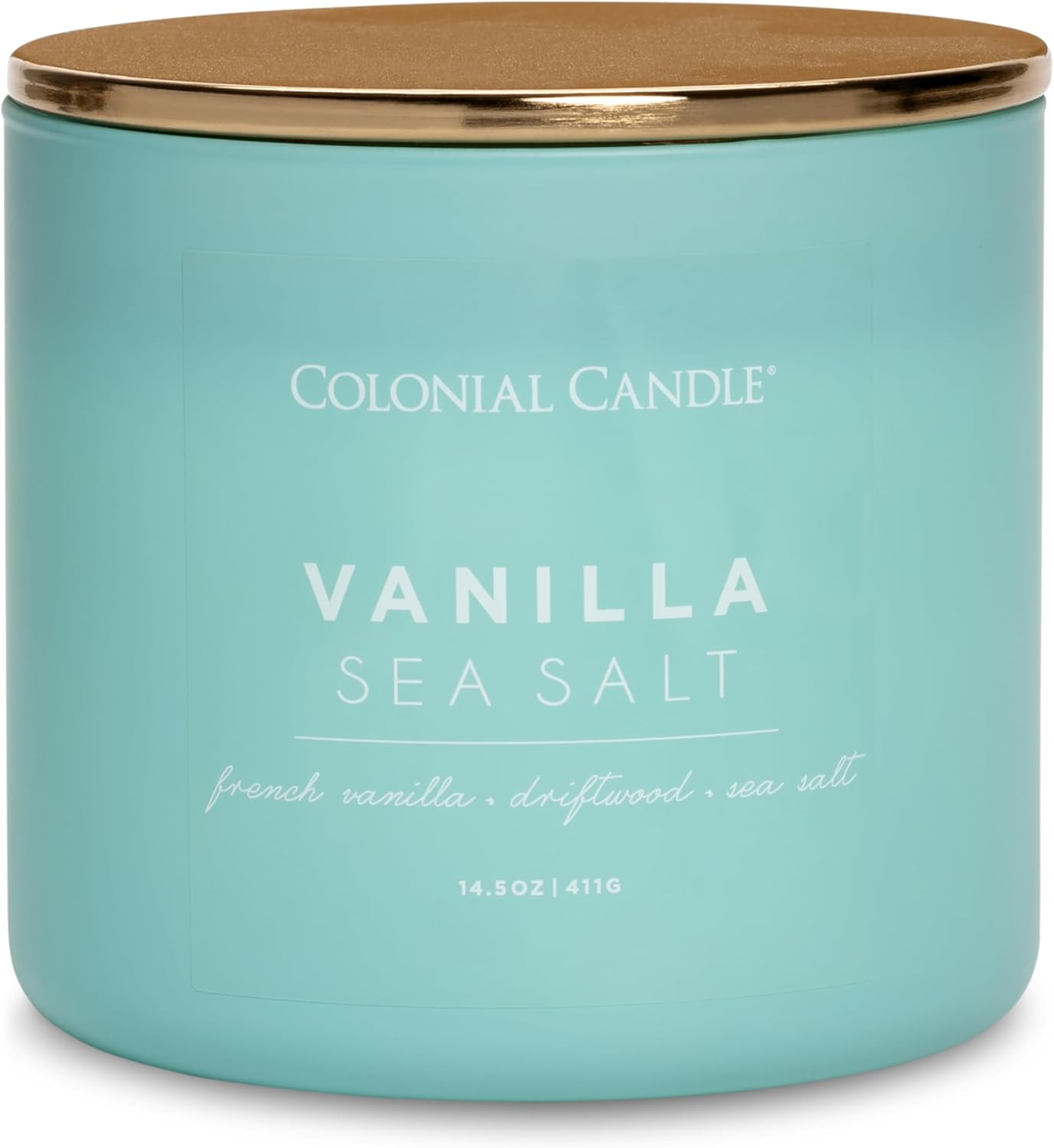 Colonial Candle Vanilla Sea Salt Scented Candle, Pop of Color Collection, 3 Wick, Blue, 14.5 oz - Up to 60 Hours Burn
