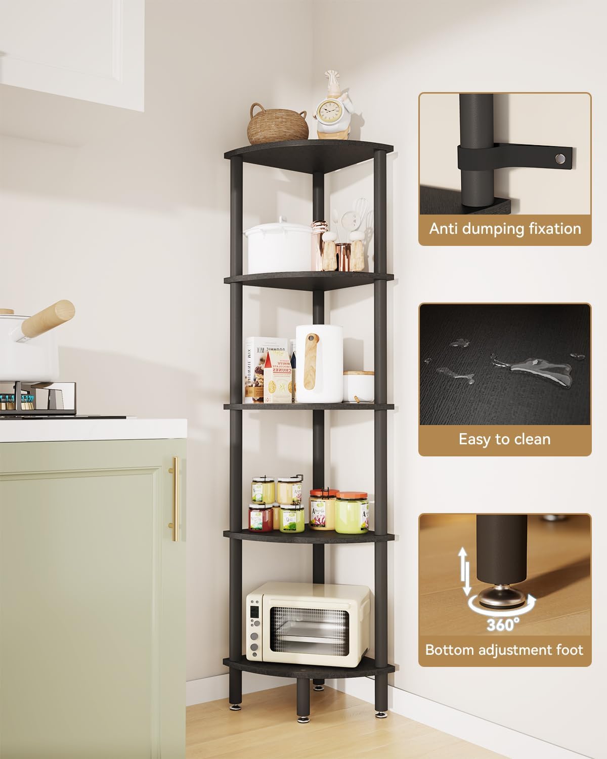 IBUYKE 5 Tier Corner Shelf Stand,Industrial Corner Display Rack,Corner Bookshelf for Living Room, Bedroom, Kitchen, Home Office, Black WBC010B