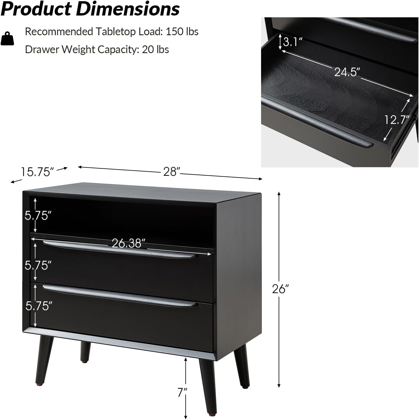 HULALA HOME Nightstand with Charging Station, Set of 2 Mid-Century Modern 2 Drawer and Open Shelf Dresser for Bedroom, Fluted Bedside Table, Black