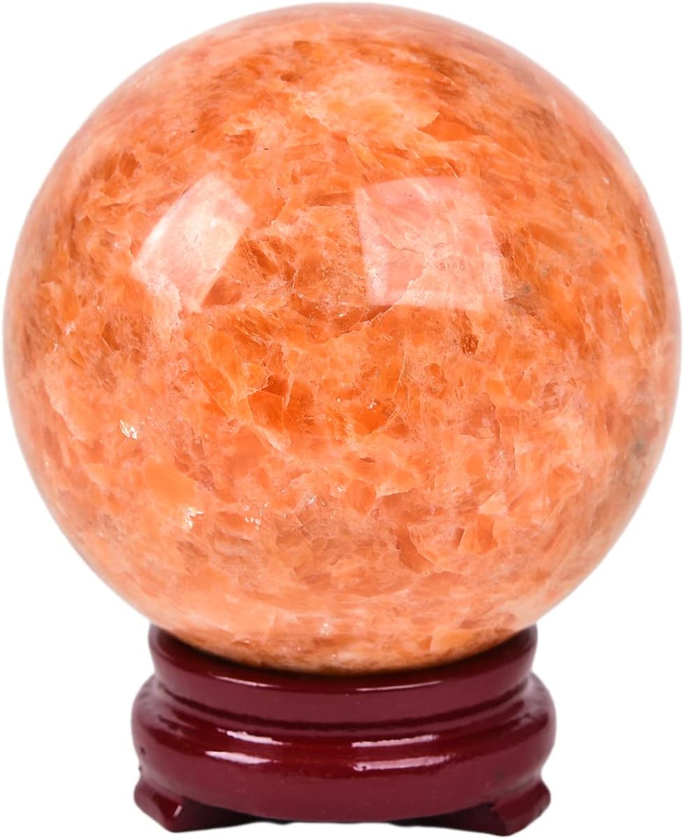 JIC Gem Big Sparkling Quartz Crystal Ball Sunstone Healing Crystal Gemstone Sphere with Decorative Wooden Stand for Meditation Gifts Decoration (80-90mm)